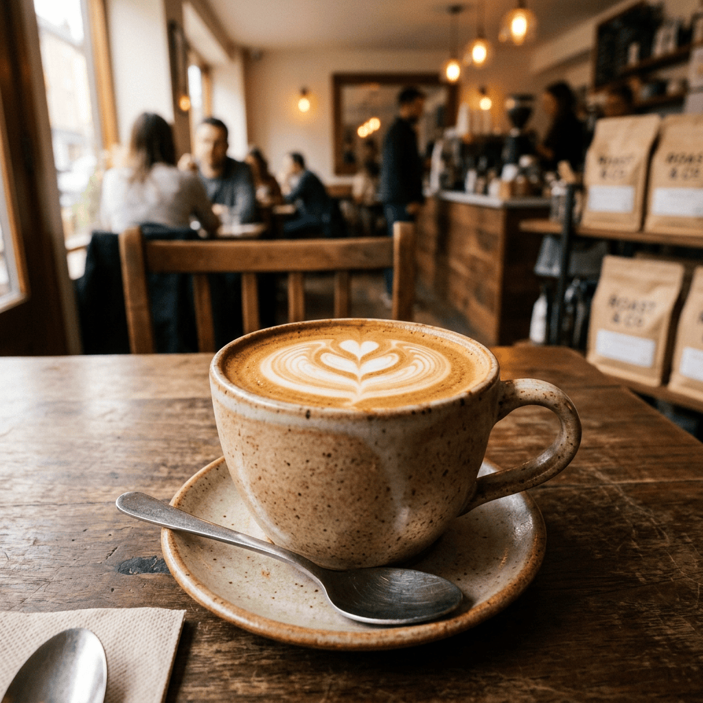 Latte with heart-shaped latte art in a speckled ceramic cup on saucer with spoon on wooden table